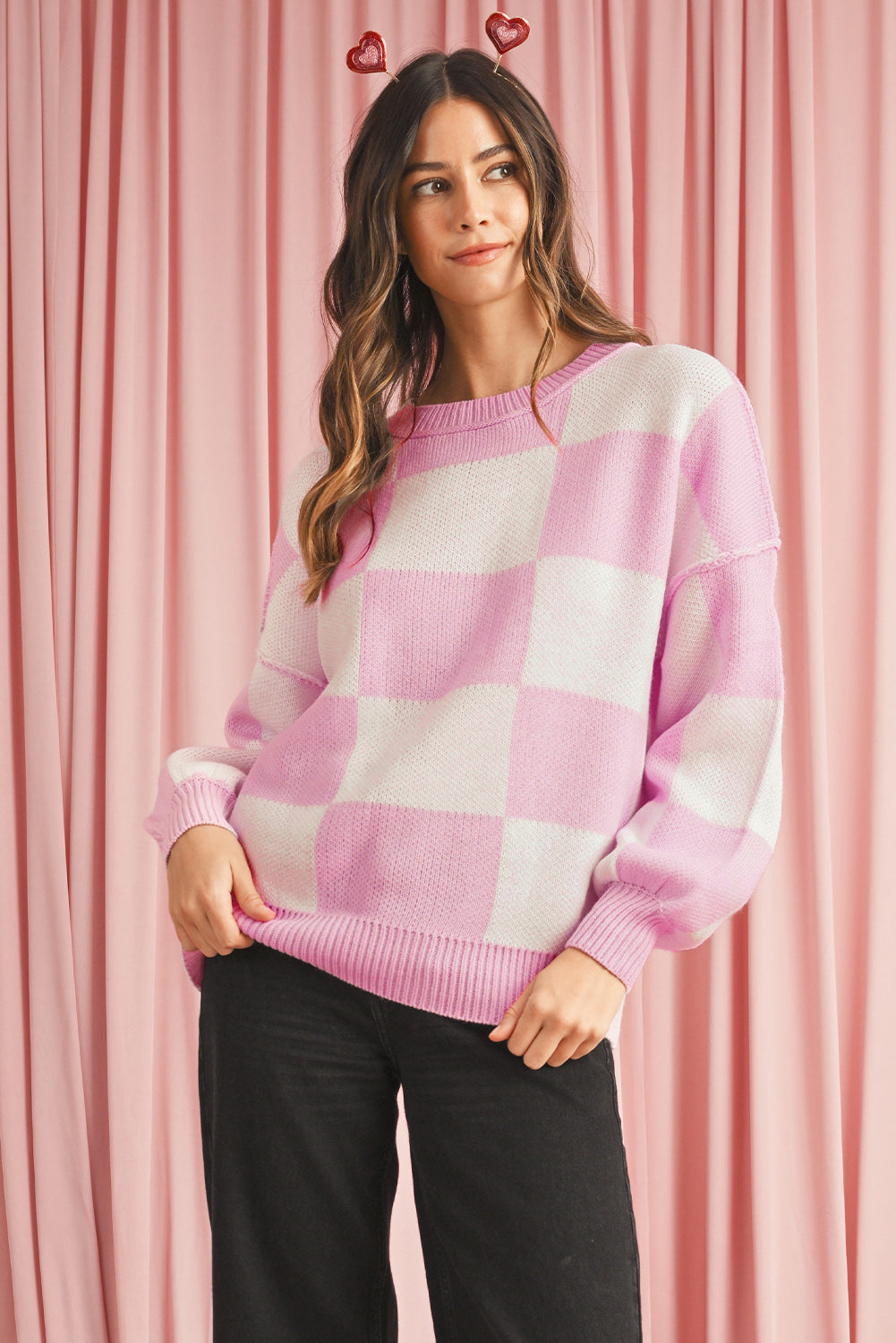 Pink Checked Bishop Sleeve Pullover Sweater 7229310c020bea8b