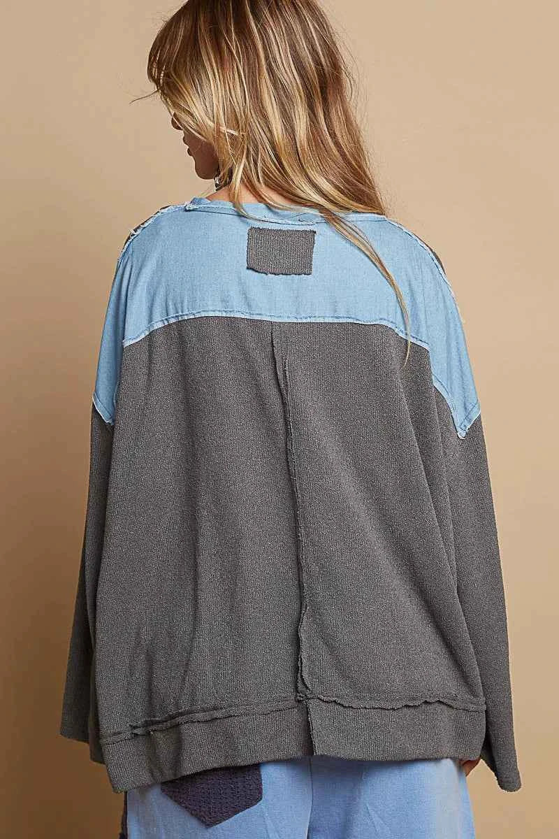 POL Exposed Seam Relaxed Fit Sweater with Star Denim Patch 722d5df1-208d-4eee-89cd-4c3cf2b526ff-Max-Origin