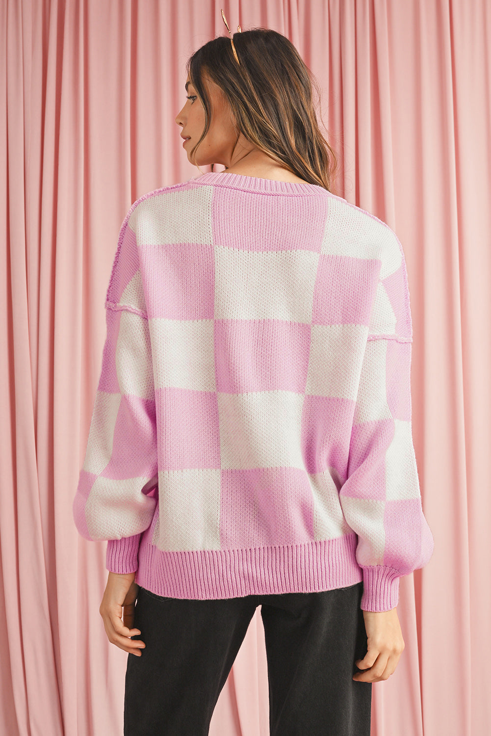 Pink Checked Bishop Sleeve Pullover Sweater 7232fb4d24a954c2