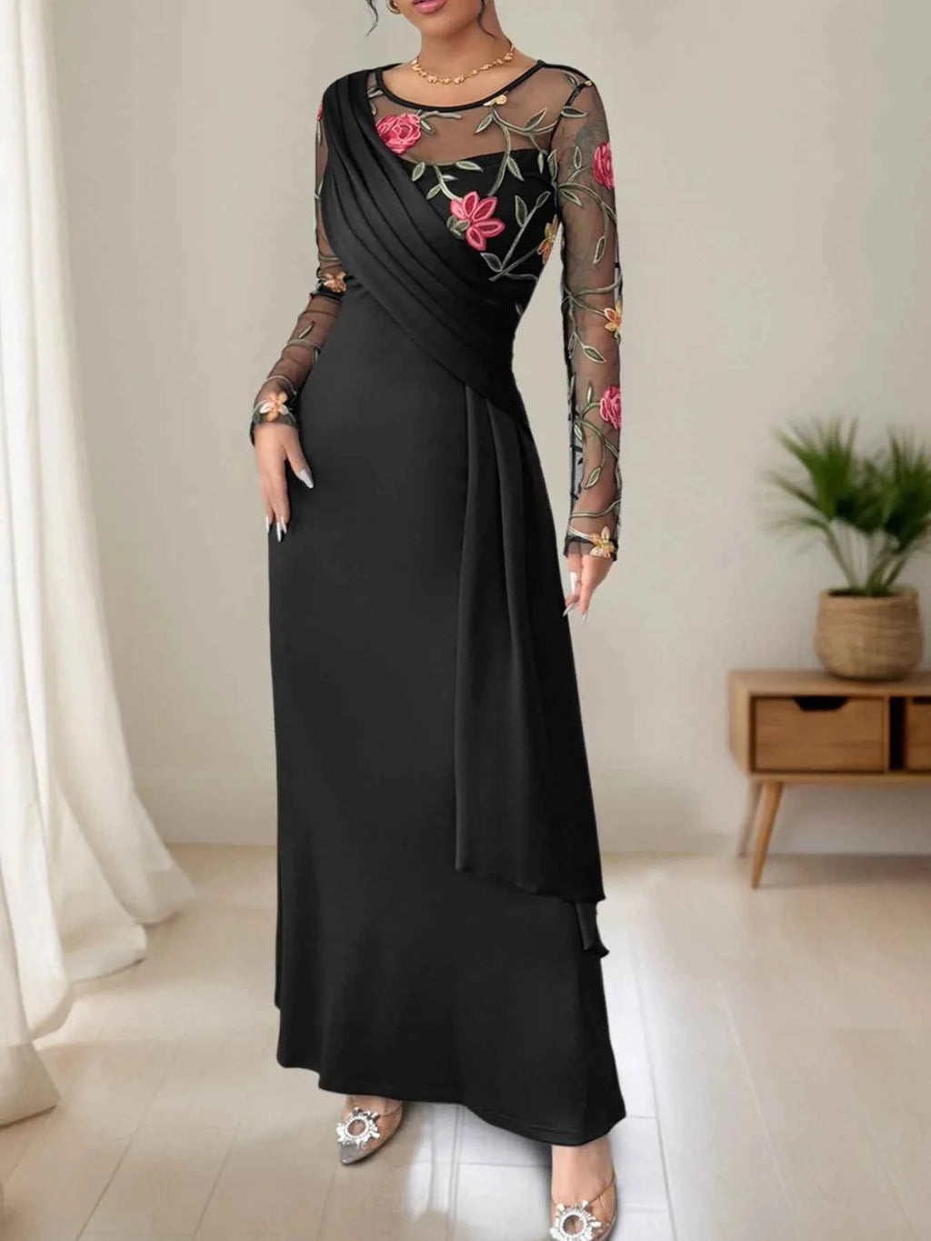 Floral Mesh Sleeve Ruched Maxi Dress Black 7256cf68-4239-451e-80e1-9be586ebcc28-Max-Origin