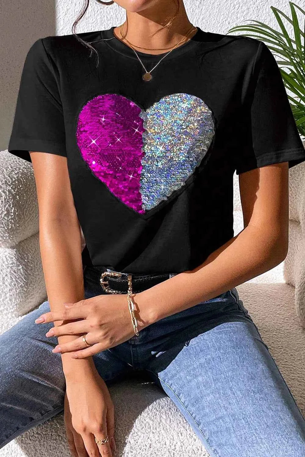 Heart Sequin Round Neck Short Sleeve T-Shirt 725ca4a9-87c6-4584-9a22-98836c8ae93a-Max