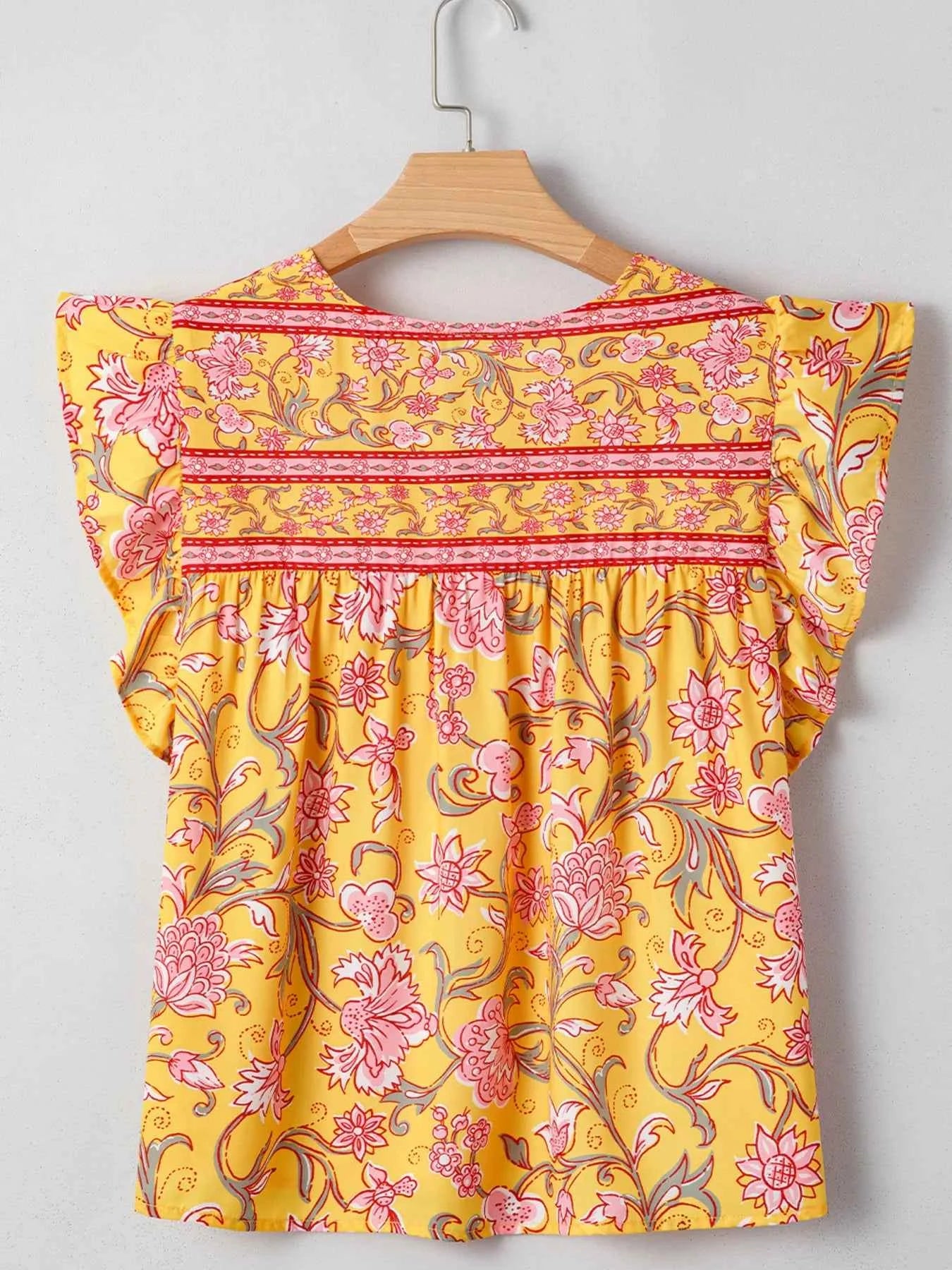 Floral Notched Neck Ruffled Sleeve Casual Blouse 726164f4cf46472eba871438eb06cace-Max-Origin