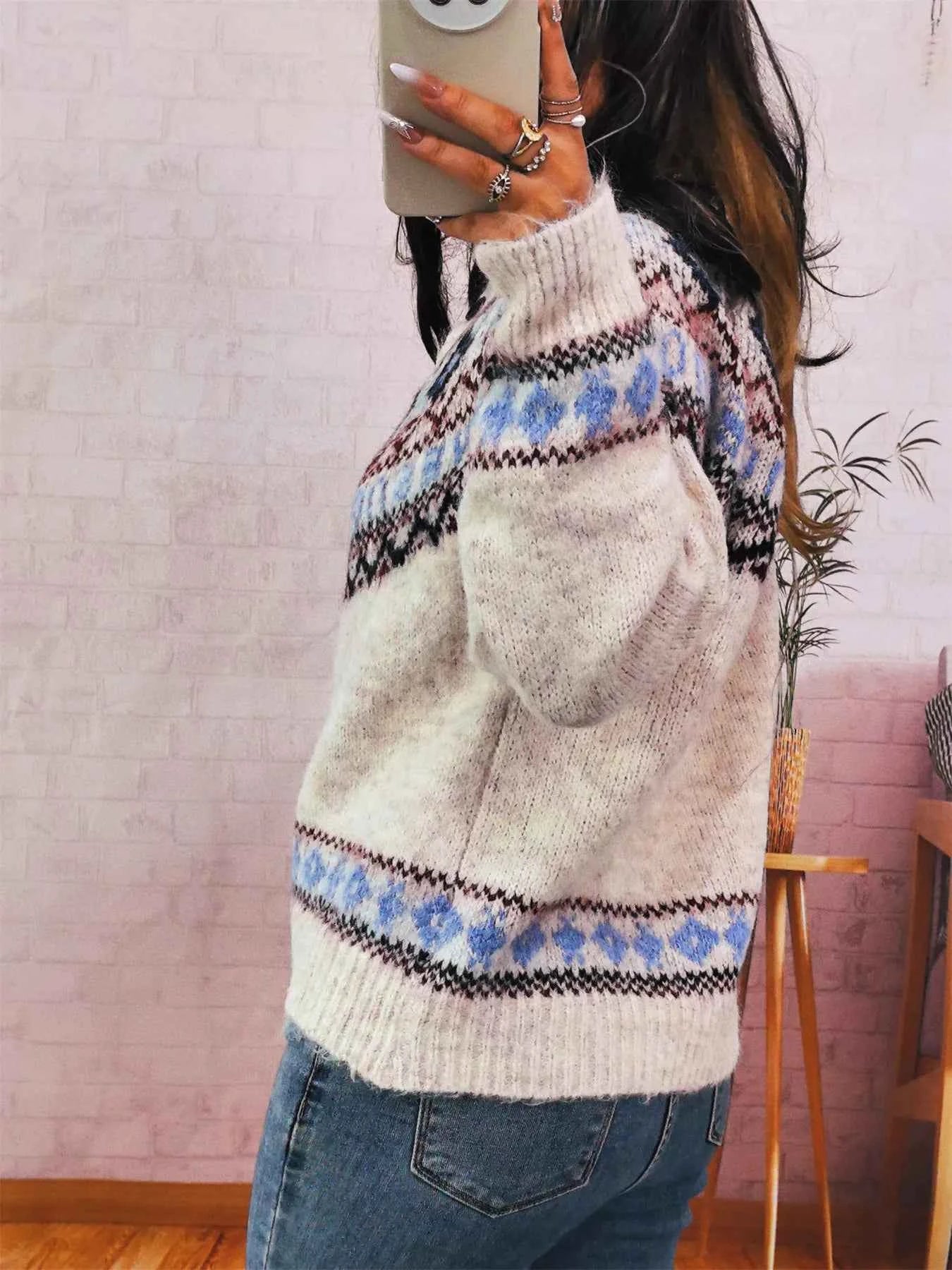 Geometric Pattern Button Up Long Sleeve Cardigan 72630eded03b4bbabf33a7b907eccac8-Max-Origin
