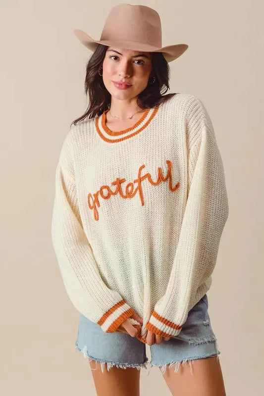SO ME Thanksgiving Grateful Lettering Stitch Sweater 7263903166574dfb8486986538c6585b-Max-Origin