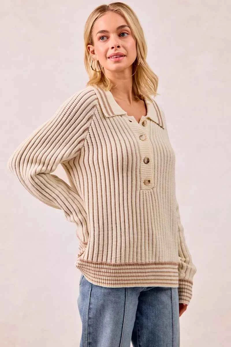 BiBi Half Button Ribbed Two Tone Sweater 72762d1418b342398d8e6ba25c045868-Max-Origin