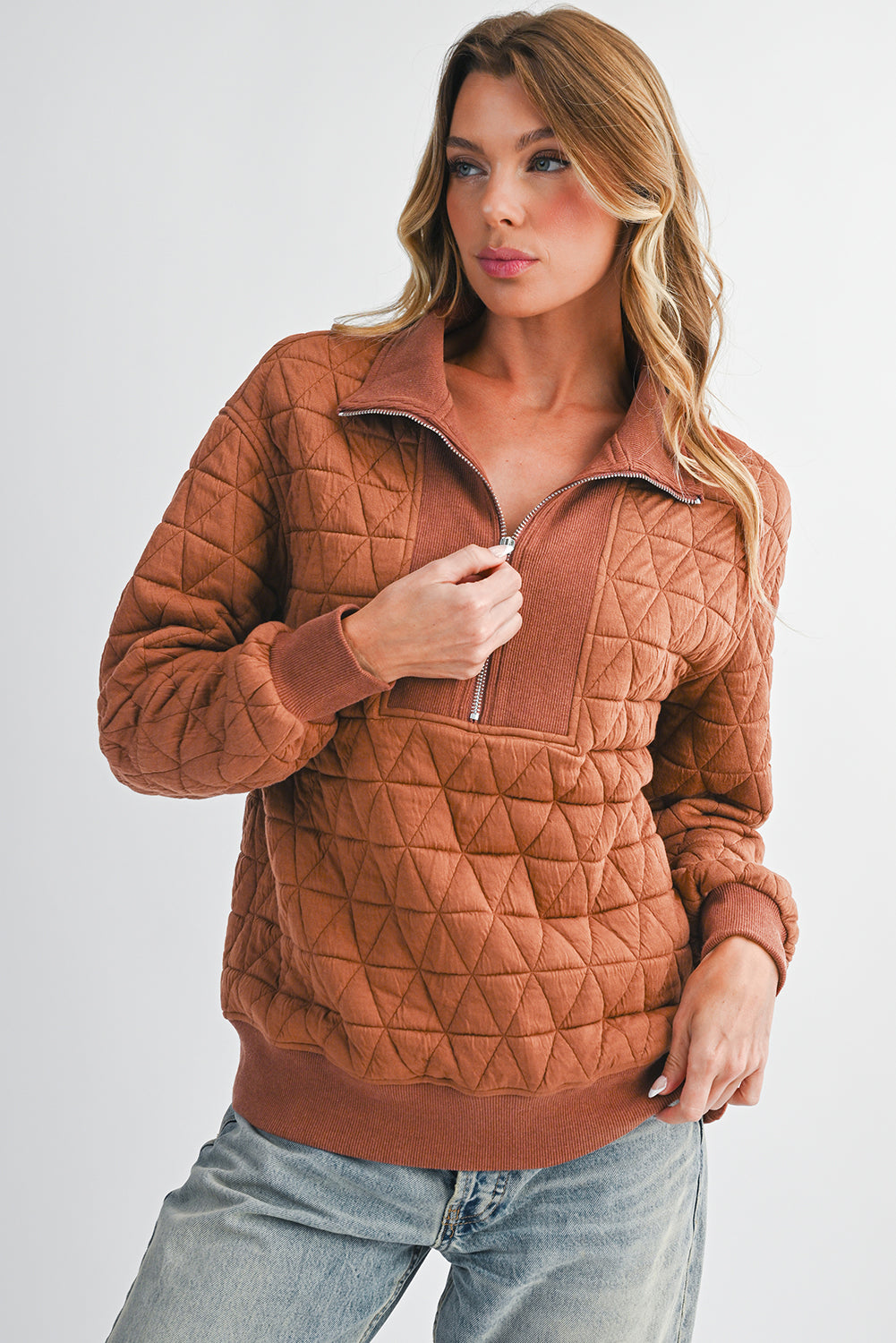 Straw Yellow Textured Zipper Neck Long Sleeve Pullover Sweatshirt 7279ae94c176405a