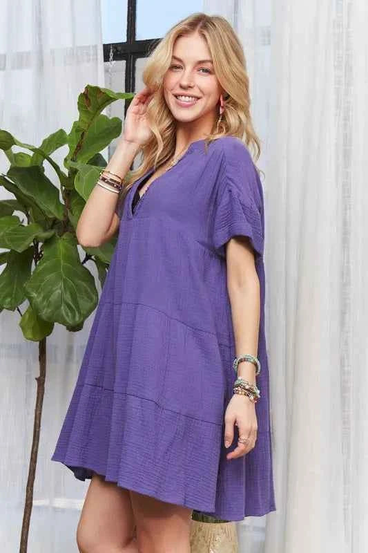 ADORA Tiered Notched Short Sleeve Dress 727b00af-2f52-4bc2-903e-869da85e2afc-Max