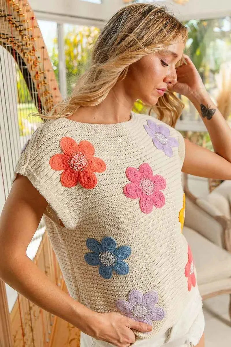 BiBi Multi Jeweled Crochet Flower Patch Sweater Vest 72888a6c602a485b8821390f13bcff40-Max-Origin