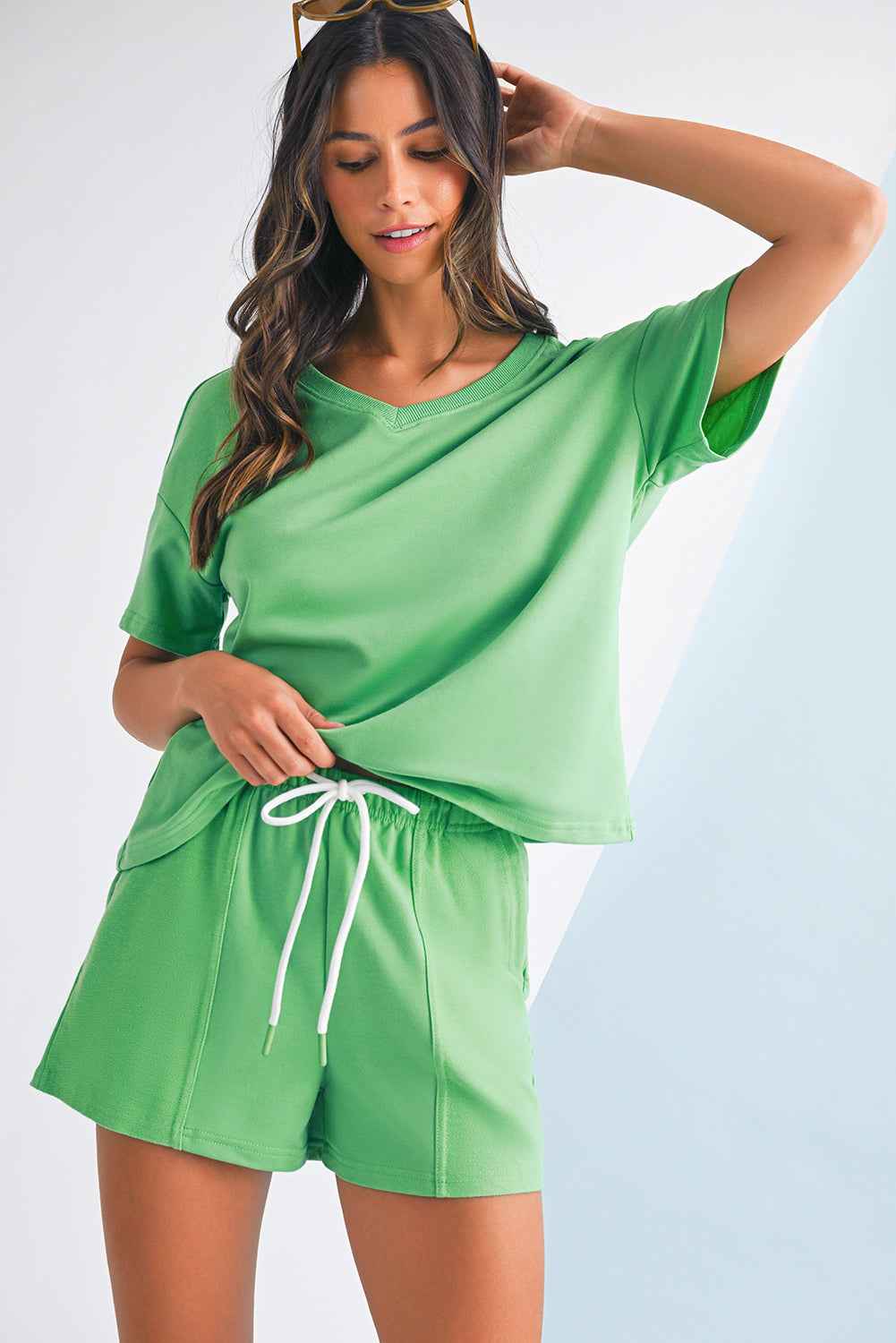 Mint Green V Neck Drop Shoulder Tee and Patchwork Shorts Set 7289432e4bd604cb