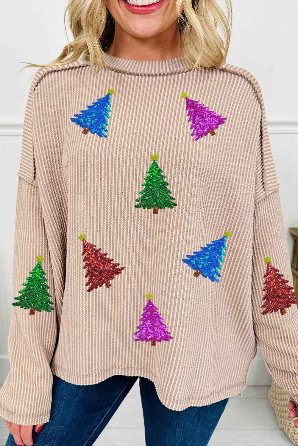 Parchment Christmas Tree Sequins Patch Exposed Seam Ribbed Long Sleeve Top Parchment 75%Polyester+20%Viscose+5%Elastane 7290a0d1776e9462