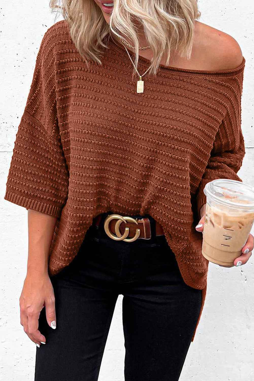 Brown Solid Color Rib-Knit Drop Sleeve Side Slits Top Brown 55%Acrylic+45%Cotton 729176686e674b41