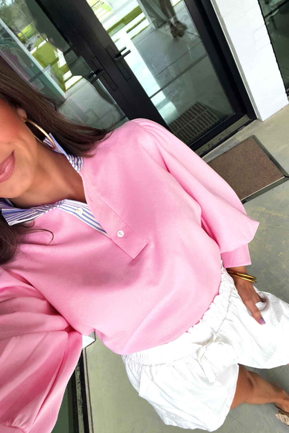 Bonbon Striped Collar Puff Sleeve Sweatshirt 7294f4d7376f0644