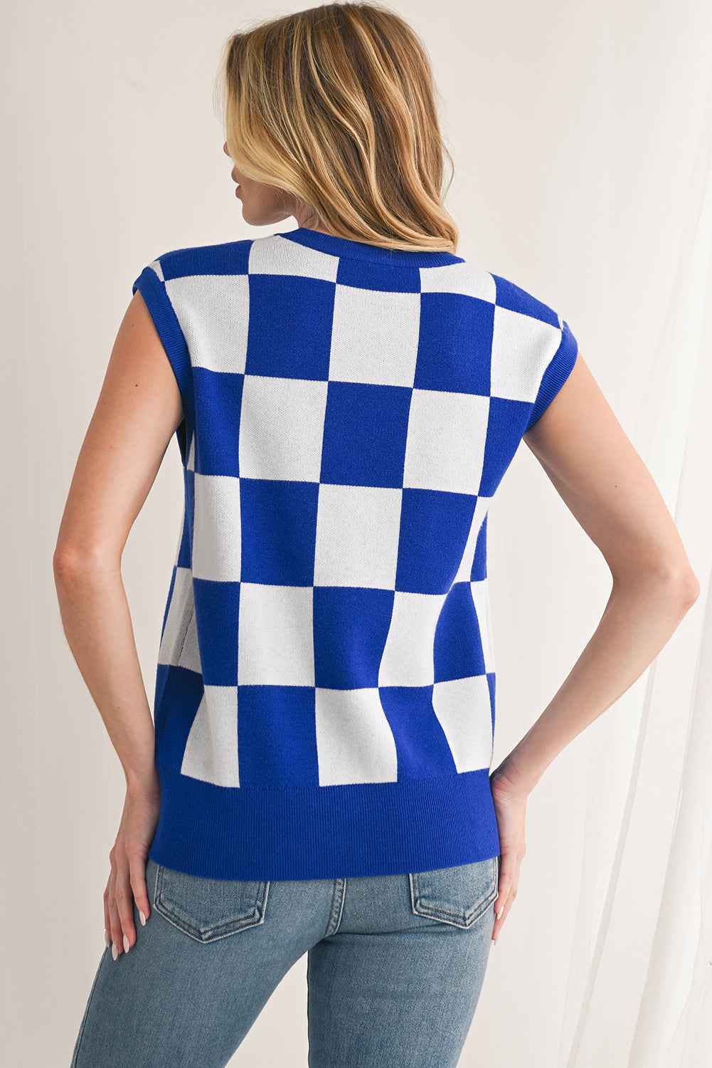 Dark Blue Checkered Knit Top 72ab1b83c01e4208