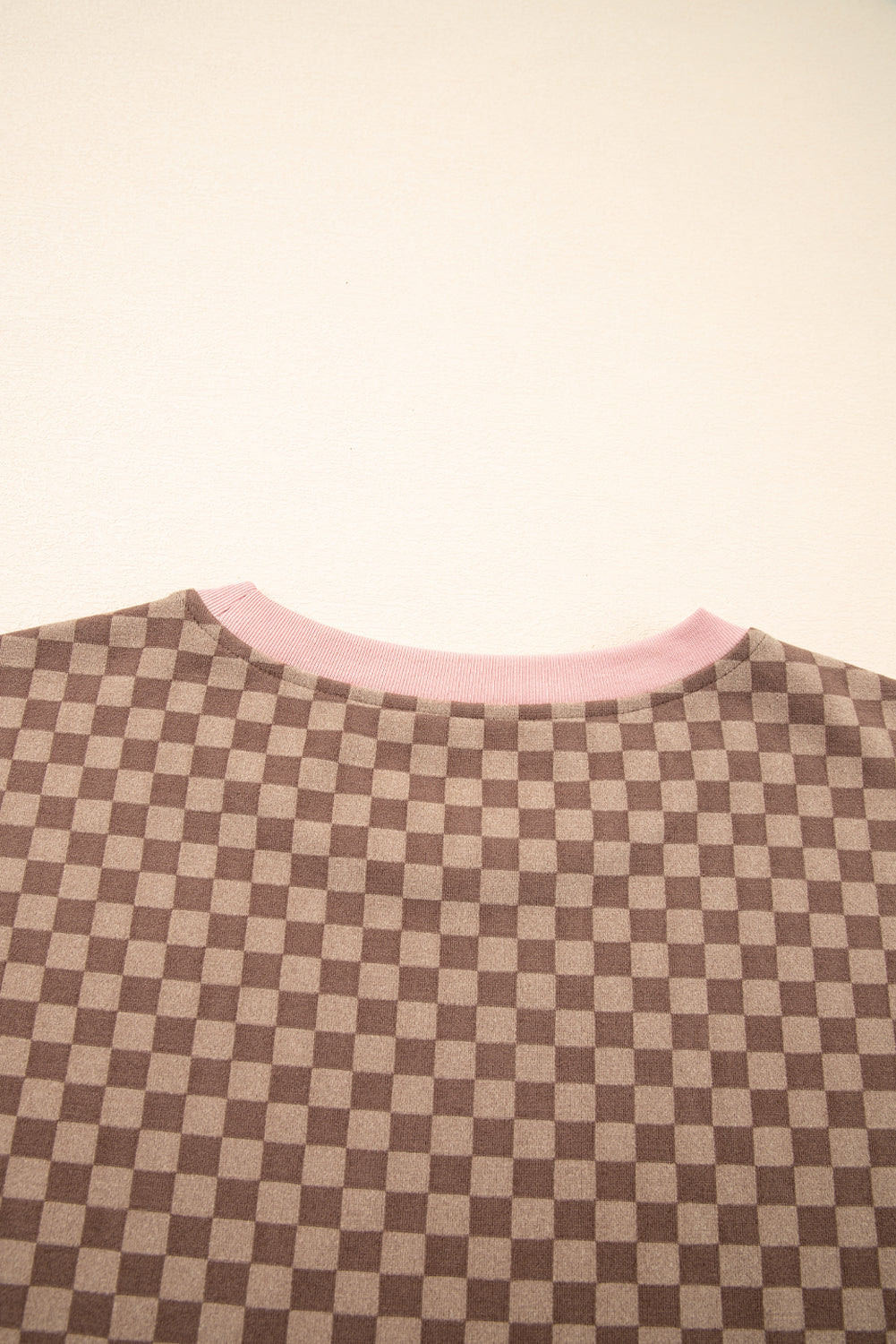 Brown Checkerboard Contrast Trim Long Sleeve Pullover and Shorts Set 72ad397483d1085a