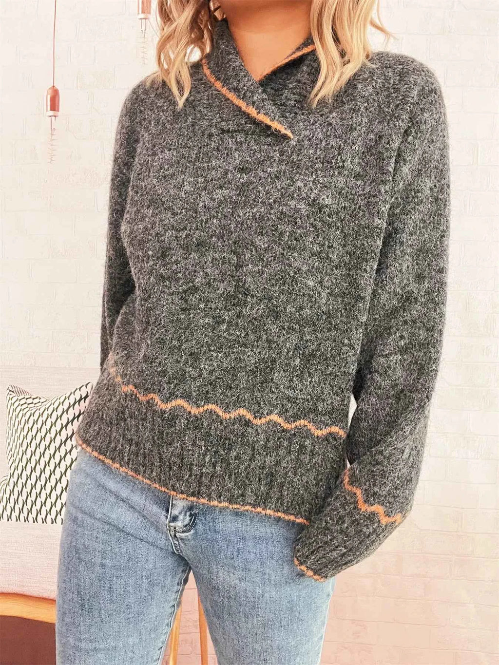 Ribbed Contrast Trim Long Sleeve Sweater 72b364e0338f41b7b73e30561905e730-Max-Origin