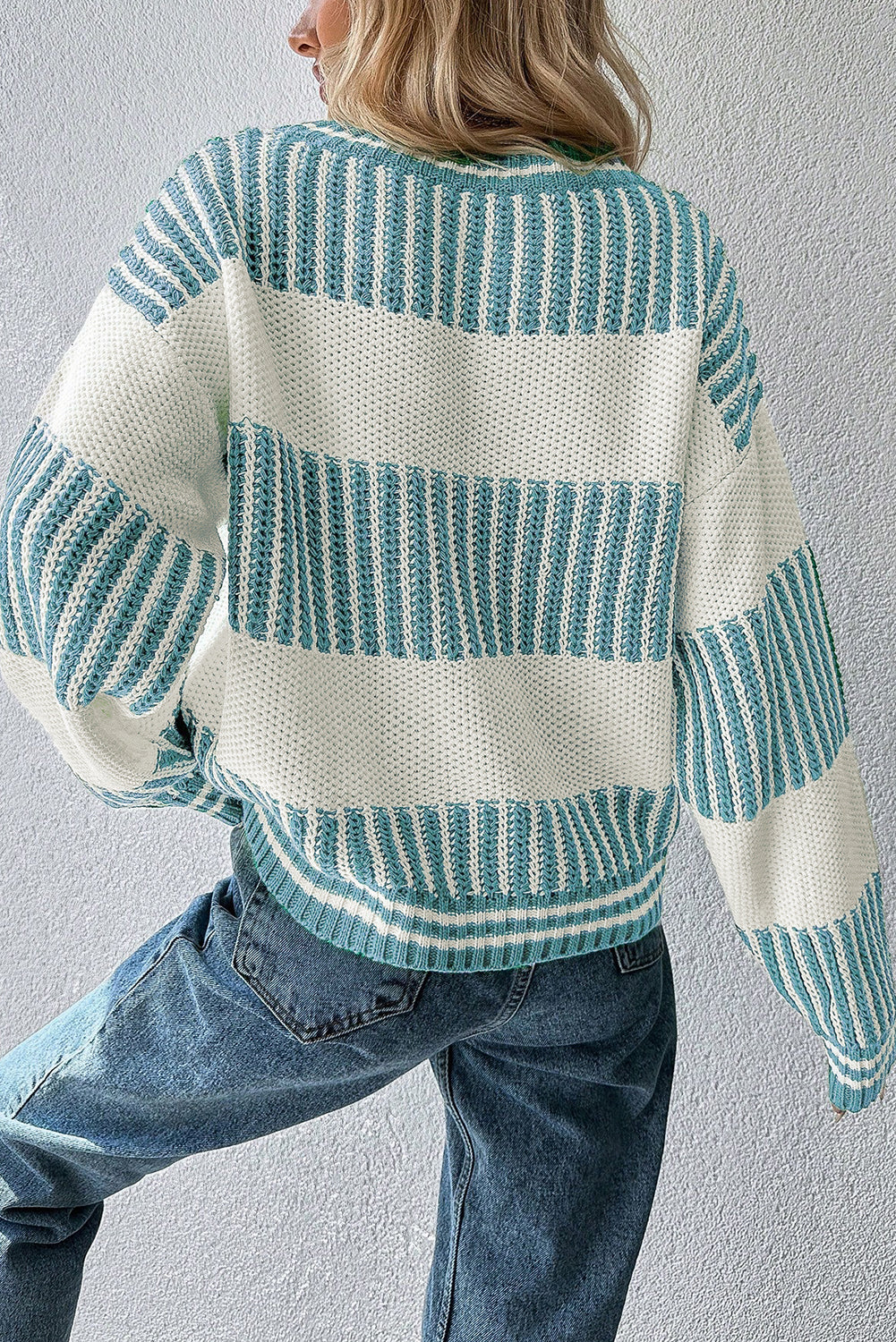 Light Blue Two Tone Striped Patchwork Drop Shoulder Sweater 72bacaff038209ce