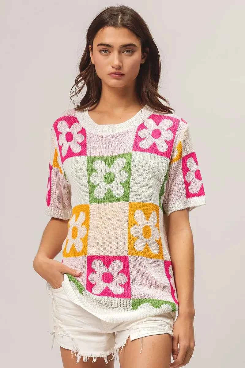 BiBi Flower Checker Pattern Lightweight Sweater Top 72c3b61b14c542e9a88b1b1806c2d58b-Max-Origin