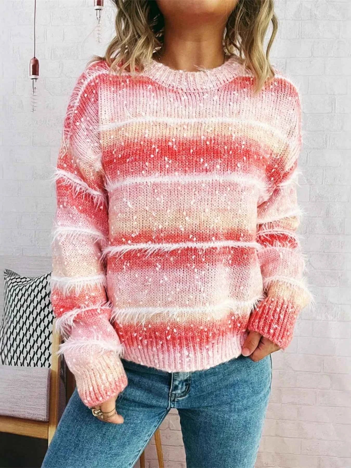 Gradient Striped Round Neck Sweater Pink One Size 72ce85481b1c4f168158379d2ceecffe-Max-Origin