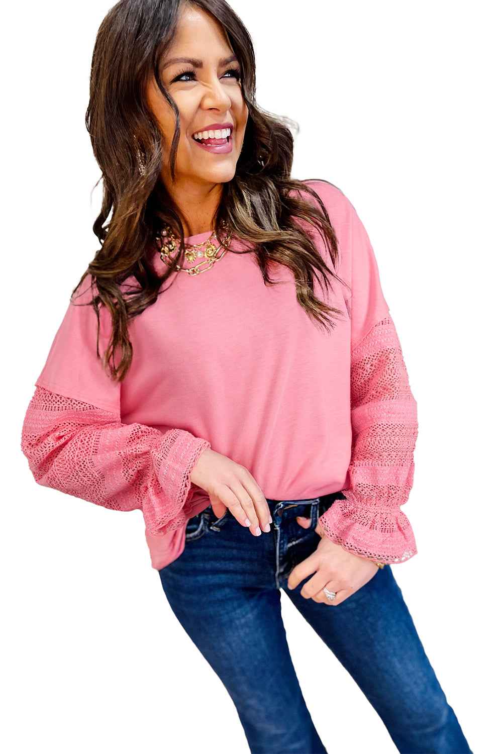 Sachet Pink Lace Patchwork Sleeve Loose Sweatshirt 72d55207e5f3994e