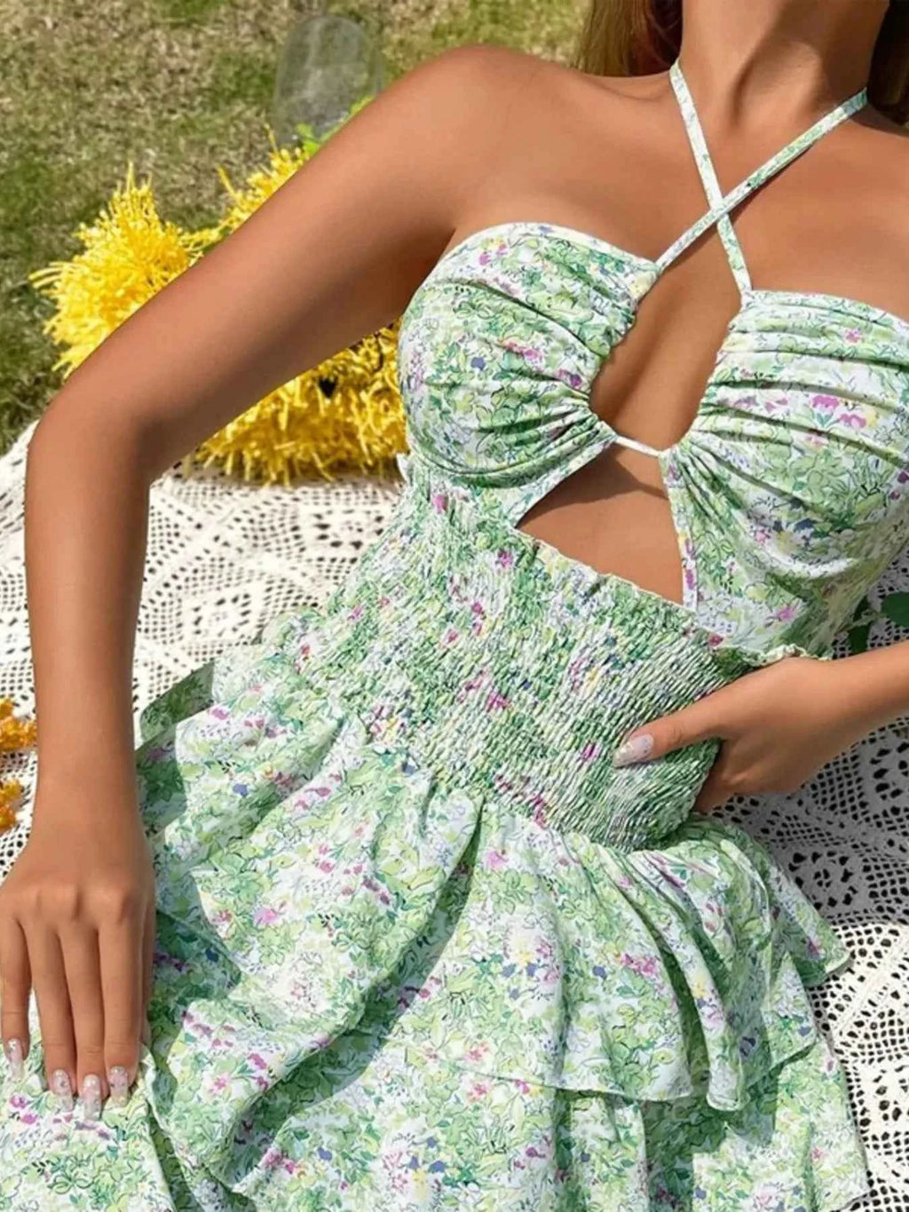 Floral Halter Cutout Ruffled Mini Dress 72d7de255e1547d4bbde7f8d4986417e-Max-Origin