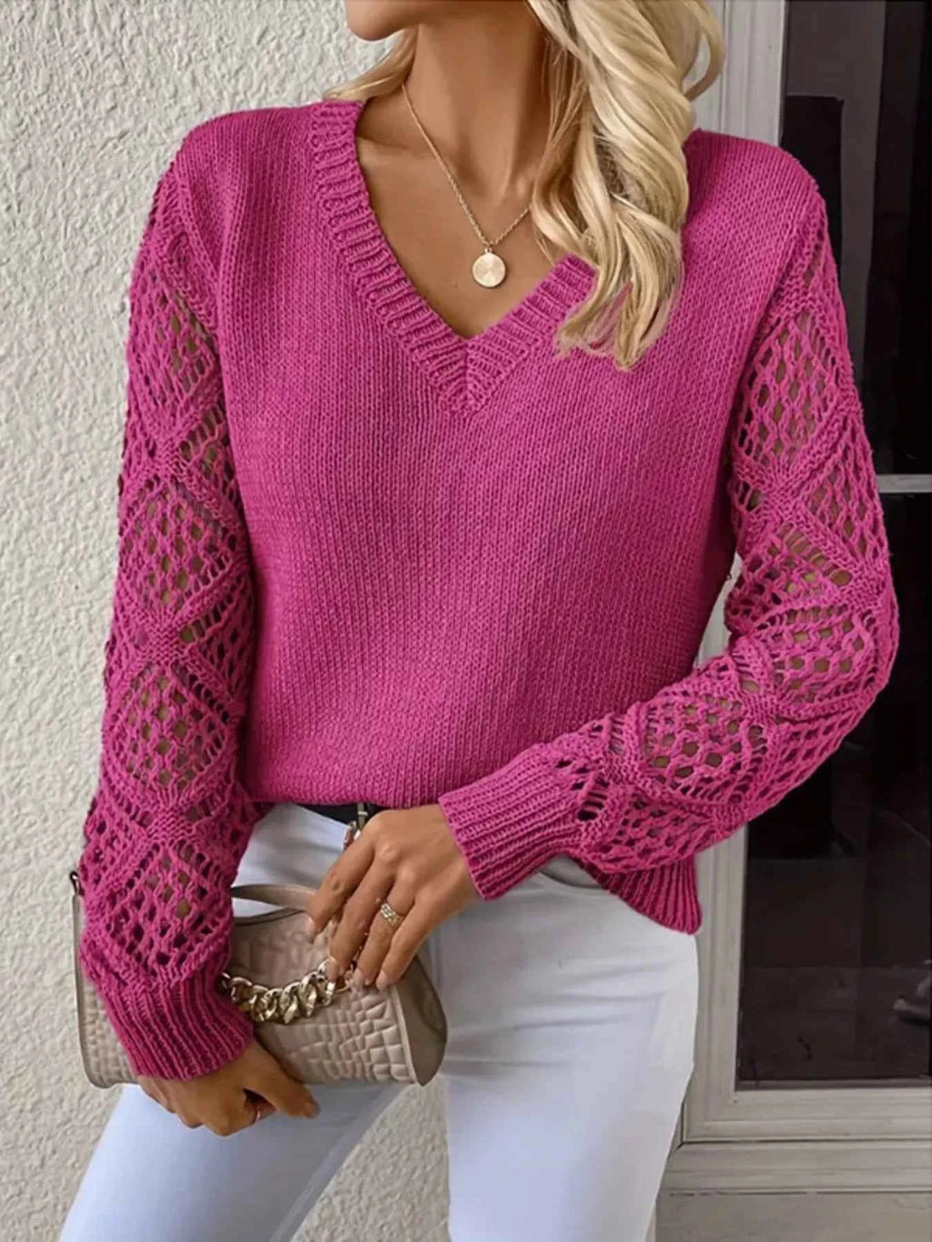 Openwork V-Neck Long Sleeve Sweater 72e391a902ee4d488180c47d28a56917-Max-Origin