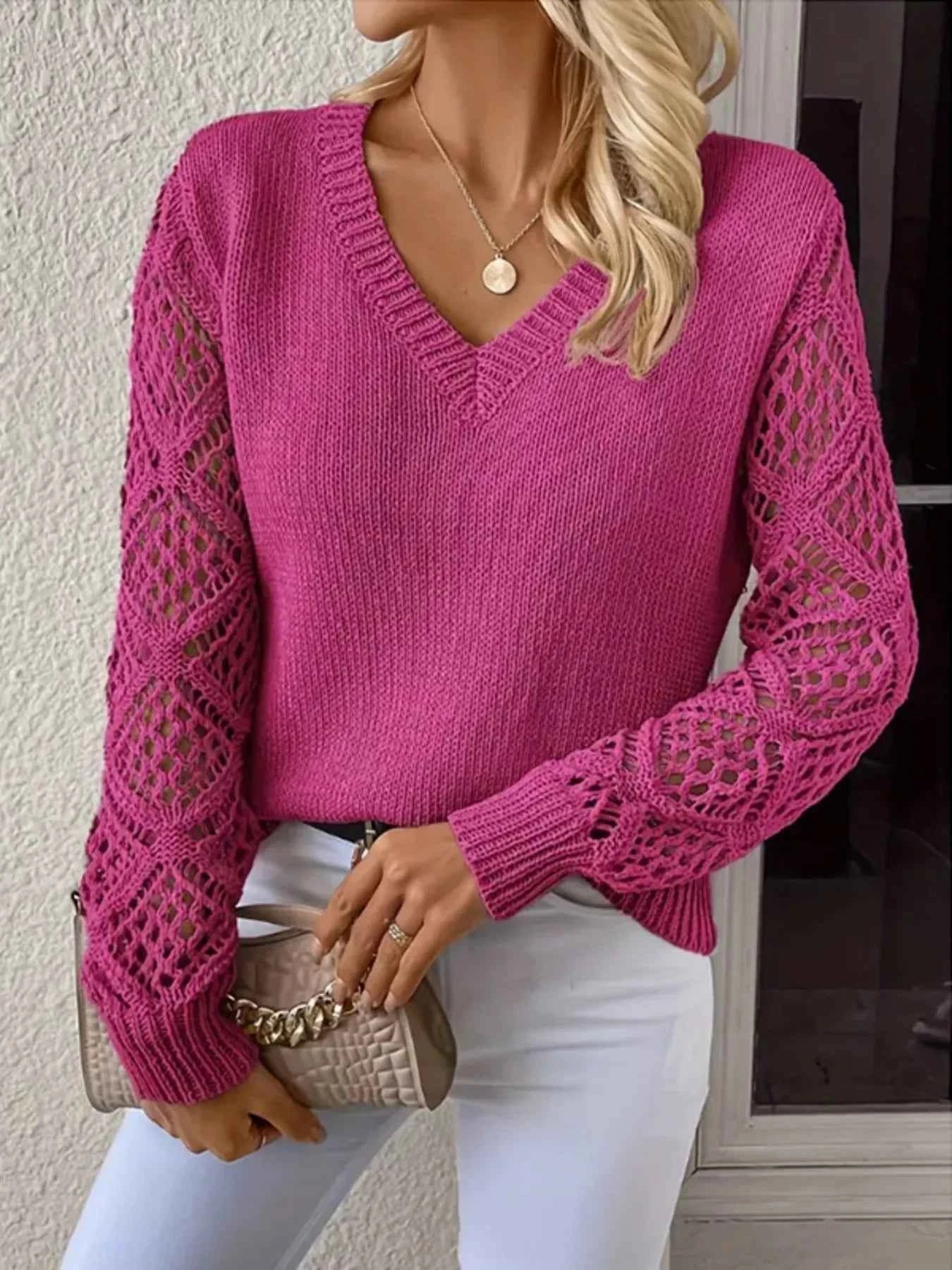 Openwork V-Neck Long Sleeve Sweater 72e391a902ee4d488180c47d28a56917-Max-Origin