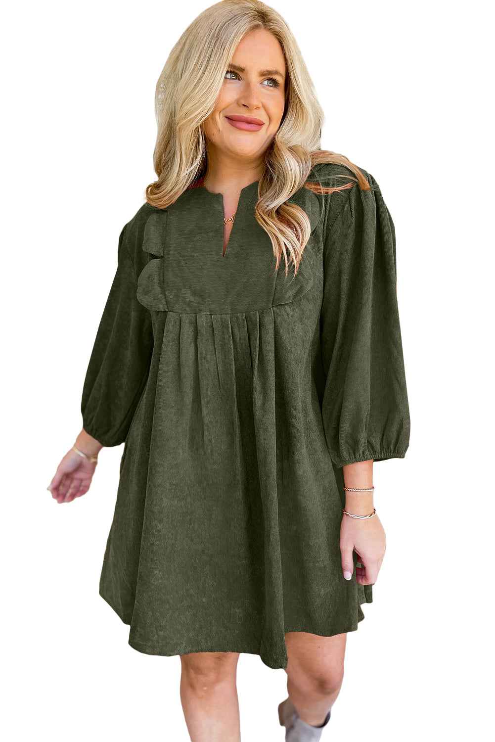 Moss Green Split Neck Scallop Detail Pleated Corduroy Mini Dress 72ec680885ab9d63