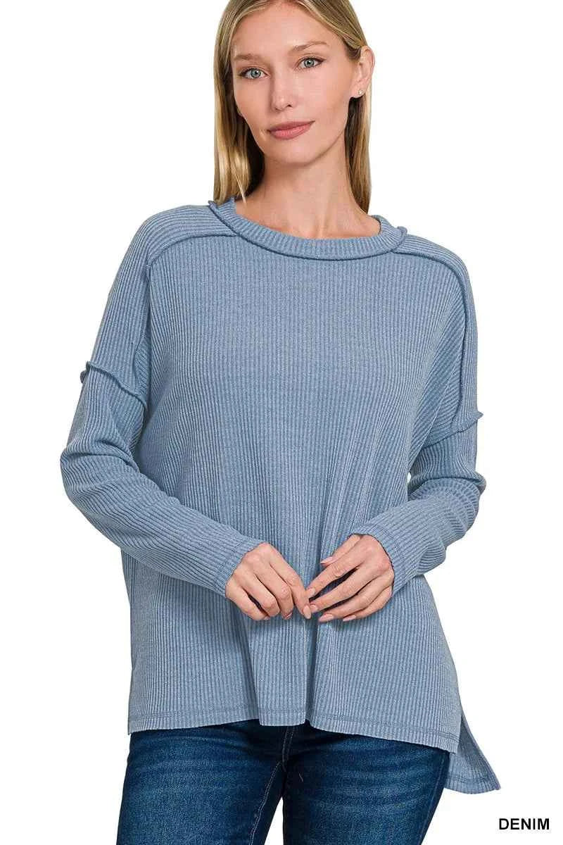 Zenana Ribbed Drop Shoulder Round Neck Sweater DENIM 72f1f46936f94e39a2f0319810011ec7-Max-Origin
