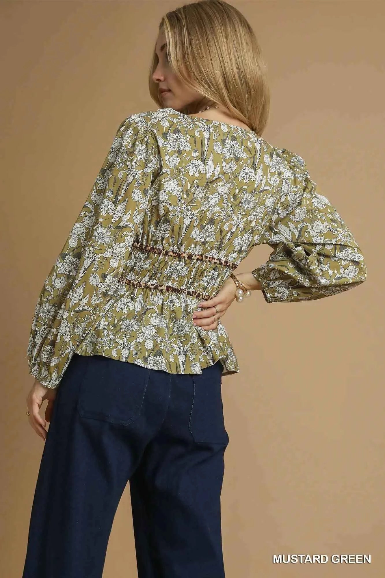 Umgee Floral Smocked Peplum Blouse with Tie Detail 72f46702-ba49-4263-ad7c-bd50137f2724-Max-Origin