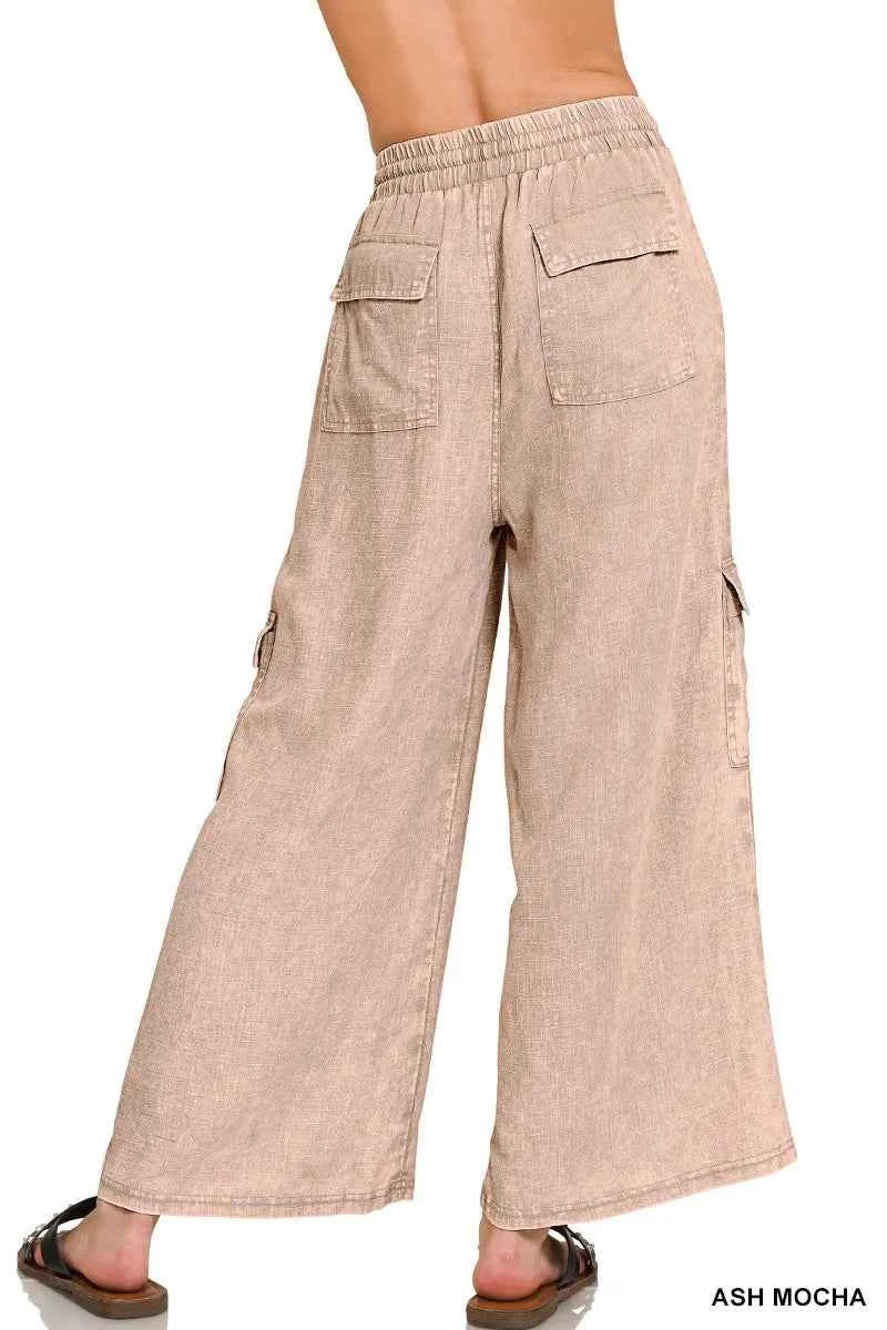 Zenana Washed Linen Elastic Band Waist Cargo Pants 73178617cb4e4442a34eed1558d57d61-Max-Origin