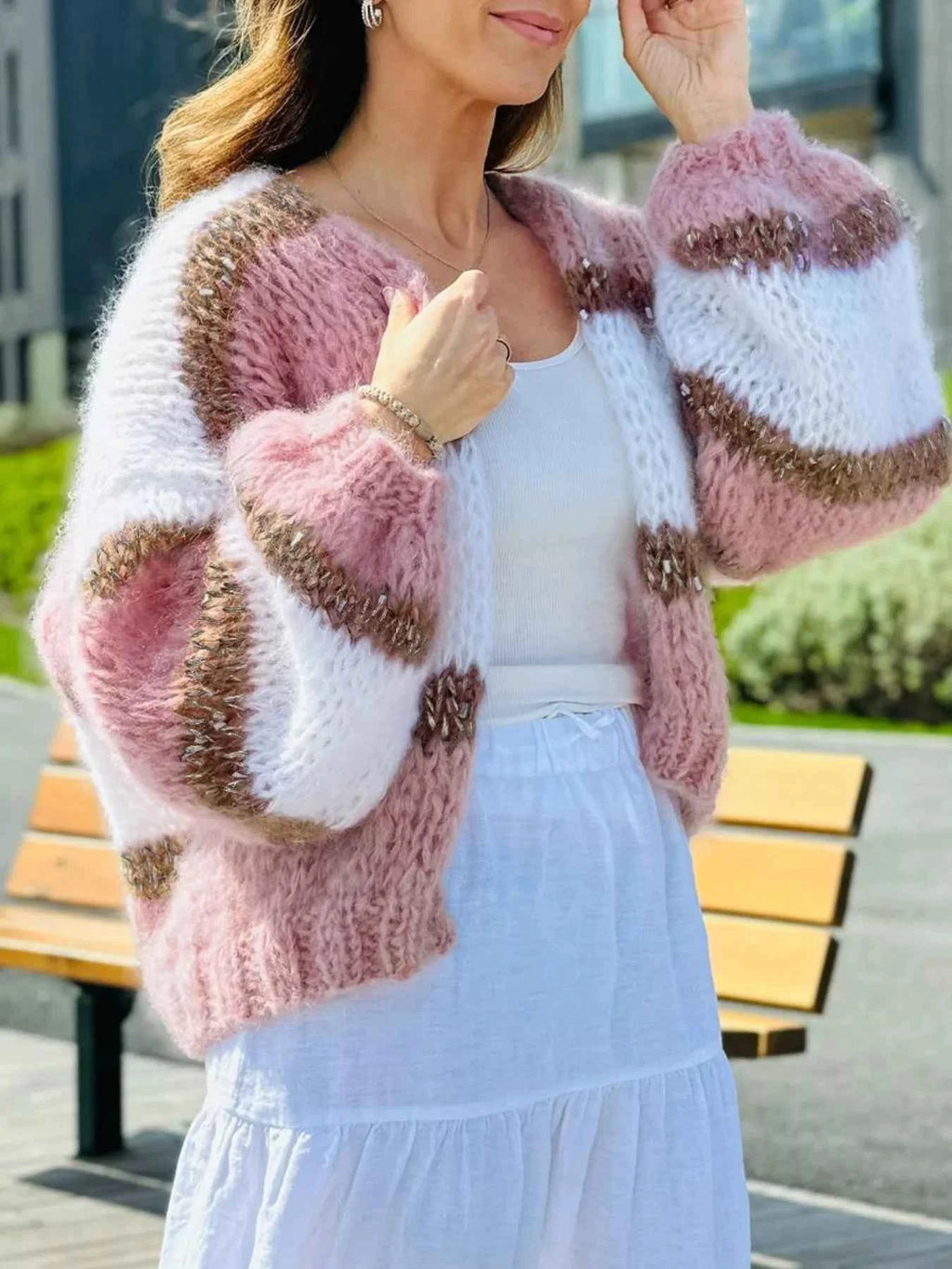 Color Block Open Front Cardigan Dusty Pink 732467a5-584d-464b-b6a8-3f1c80518470-Max-Origin