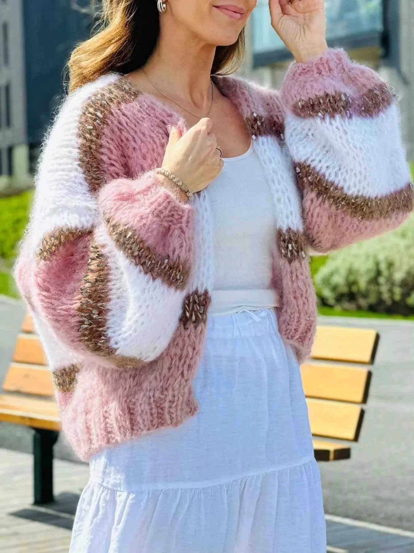 Color Block Open Front Cardigan Dusty Pink 732467a5-584d-464b-b6a8-3f1c80518470-Max-Origin