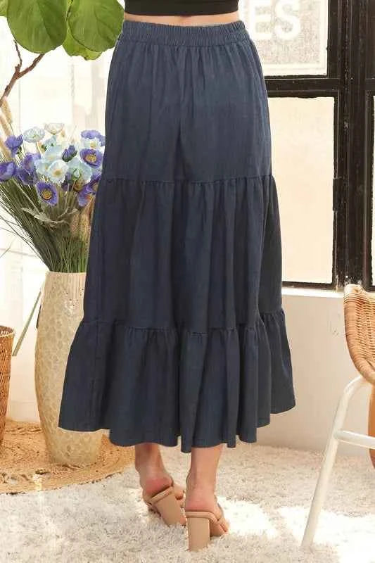 ADORA Waist Band Tiered Denim Maxi Skirt 733dc1f4d943410fa631afb9eb170f65-Max-Origin
