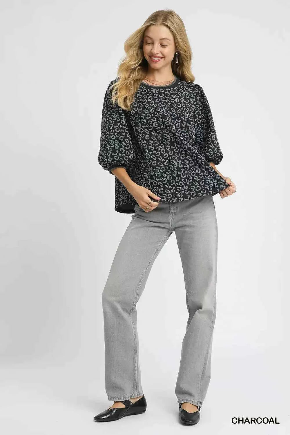 Umgee Leopard Print Jacquard Blouse with Puff Sleeves 73428b51-8593-42d3-8f93-4ce8abf530e1-Max