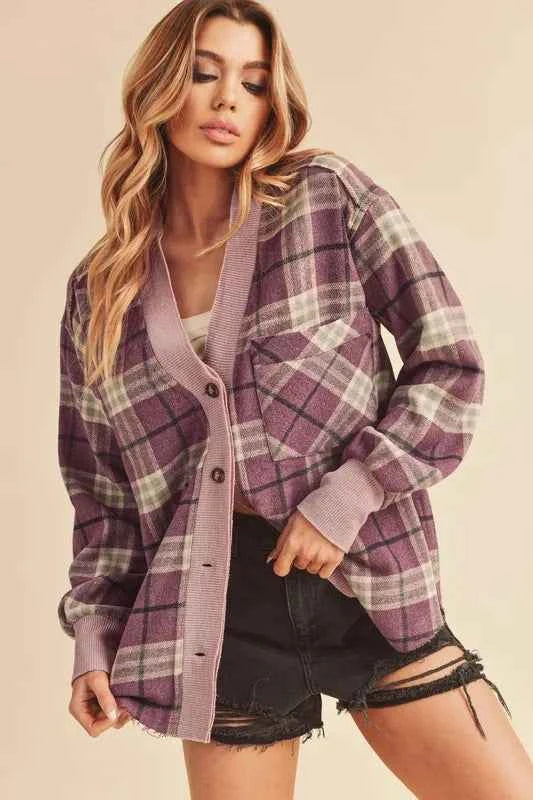 Aemi + Co Side Slit Patch Pocket Plaid Button Down Jacket Purple 735097e6-6fd7-4457-aa0e-e53ee19bddd3-Max