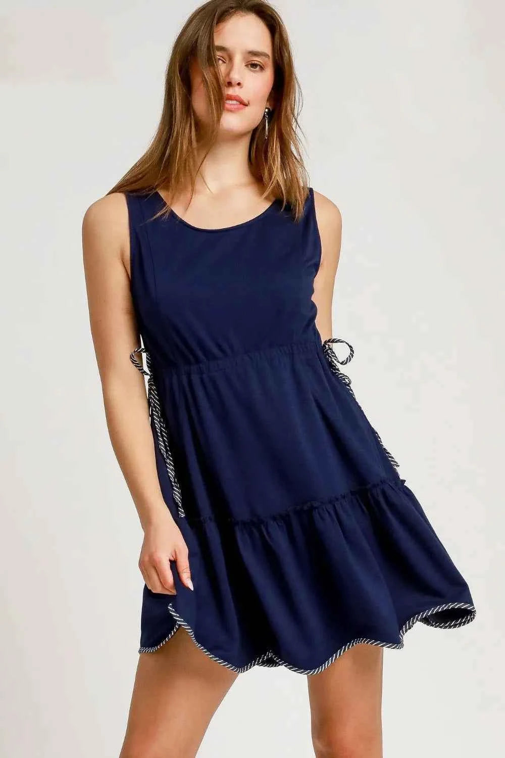 Umgee Frill Drawstring Waist Round Neck Mini Tank Dress Dark Navy 7354ed5f-990b-4738-9f45-e6af65e1736e-Max-Origin
