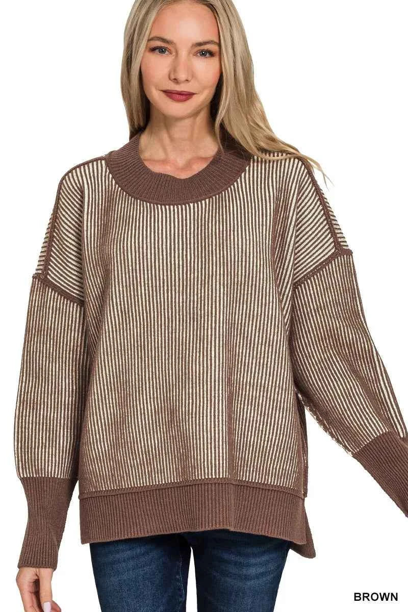 Zenana Exposed Seam Two Tone Ribbed Sweater BROWN 7357234bf3e14e9ca7c202c23419b9ee-Max-Origin