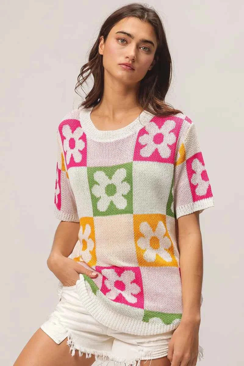 BiBi Flower Checker Pattern Lightweight Sweater Top 7359c7645ee6421b820994db33c3cf2b-Max-Origin