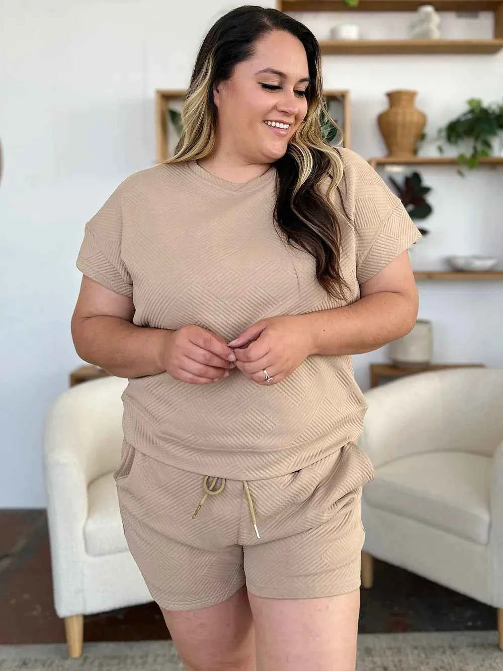 Double Take Full Size Texture Short Sleeve T-Shirt and Drawstring Shorts Set 7361ec60-1d70-4273-9b0d-4ef8696481b1-Max