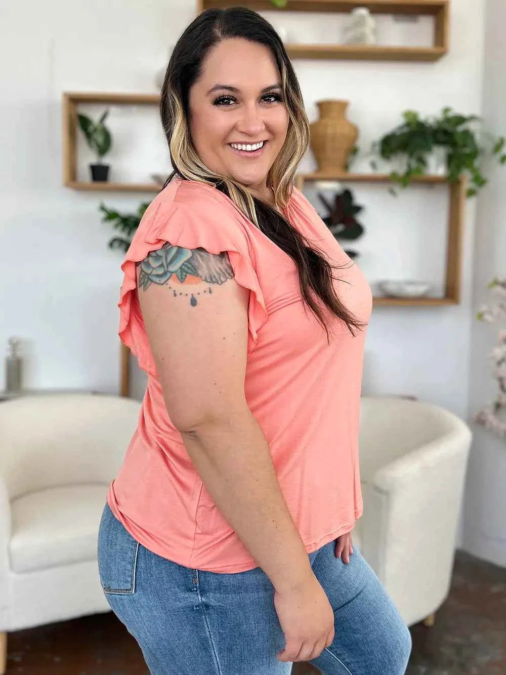 Basic Bae Full Size Bamboo Notched Ruffled Short Sleeve T-Shirt 736efee5-eee6-4892-bcc5-8d14fa047369-Max