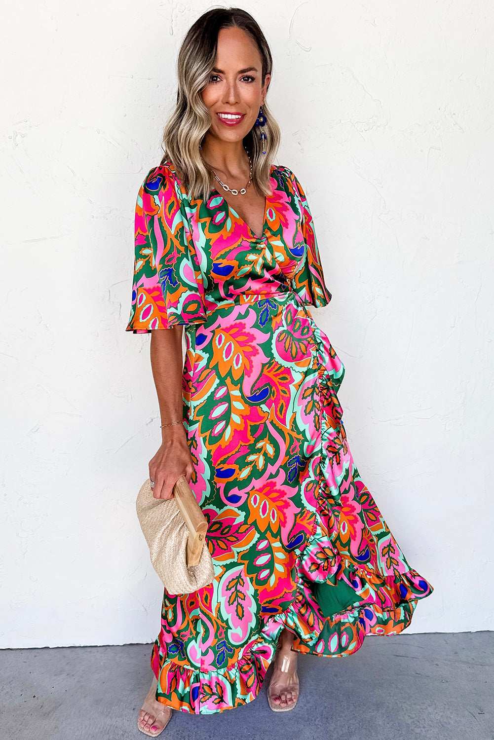 Rose Tropical Plant Print Surplice V Neck Ruffle Hem Maxi Dress 736f5215c8f82063-_3