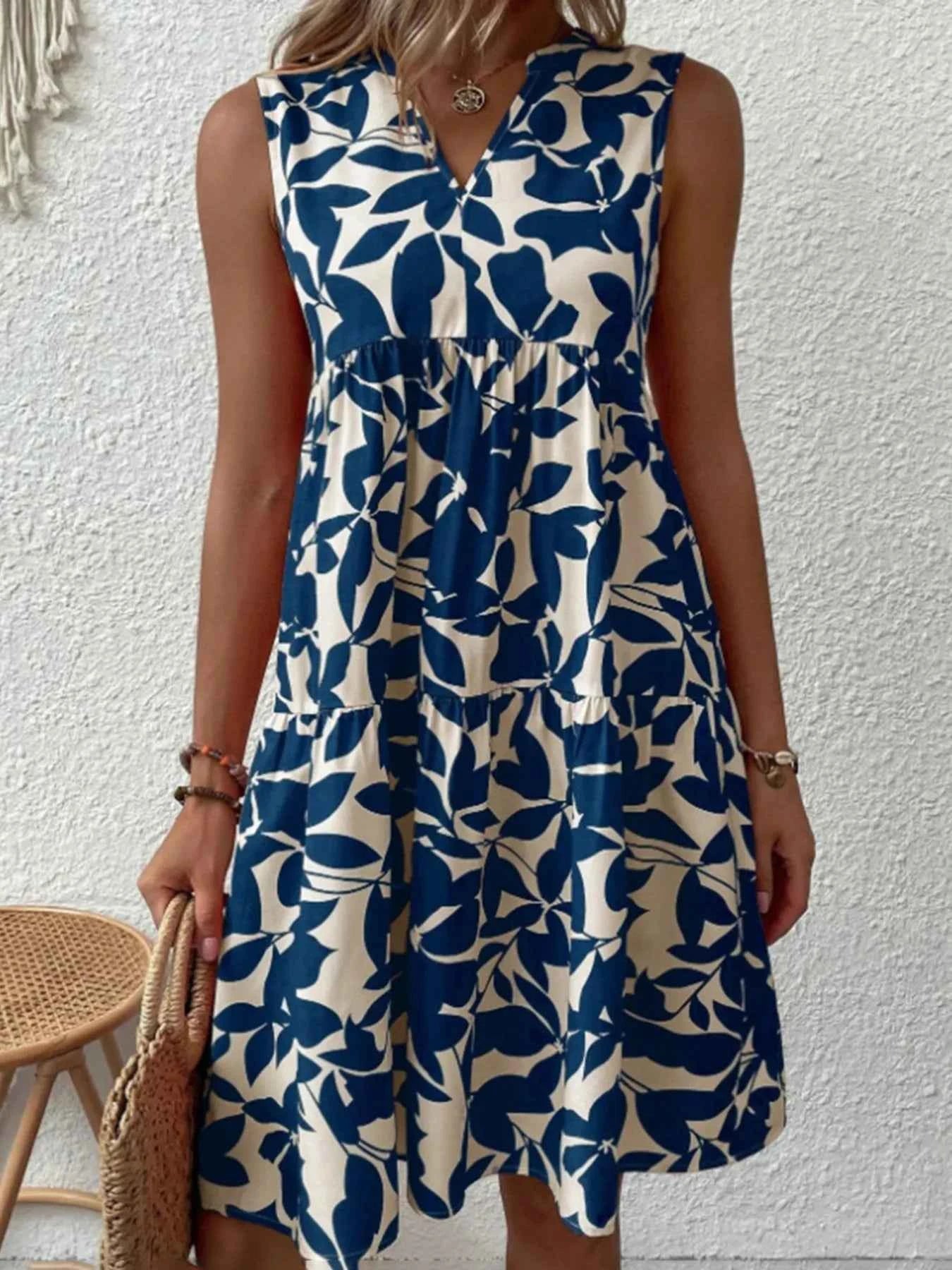 Printed V-Neck Sleeveless Mini Dress Navy 7374c4957fac4d94a863c9ea8c26eeaa-Max-Origin