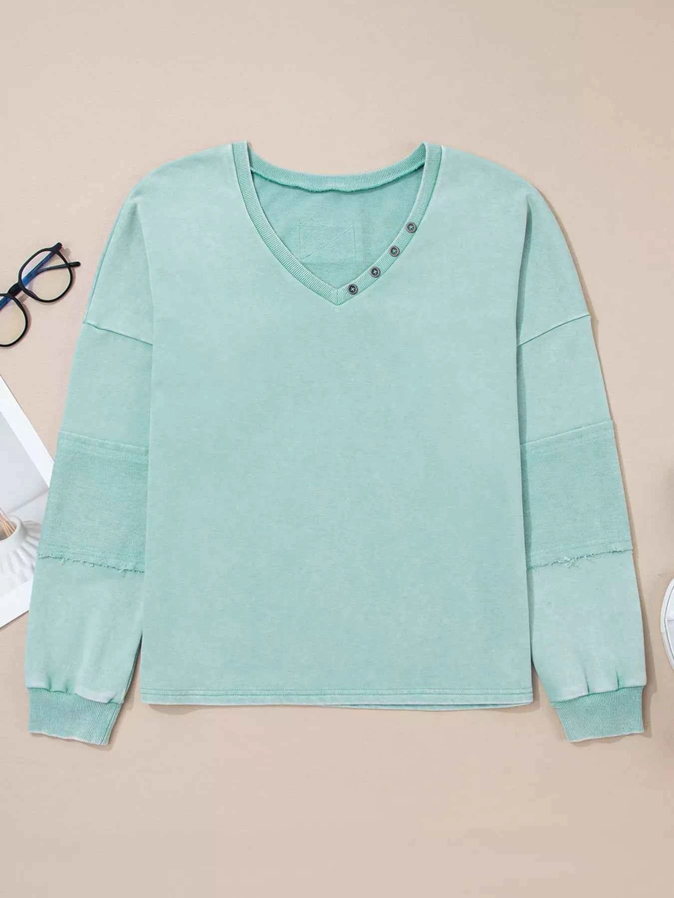 Mineral Wash Exposed Seam Buttoned V Neck Top 737e85e709f94b259d3e3344ada89d71-Max-Origin