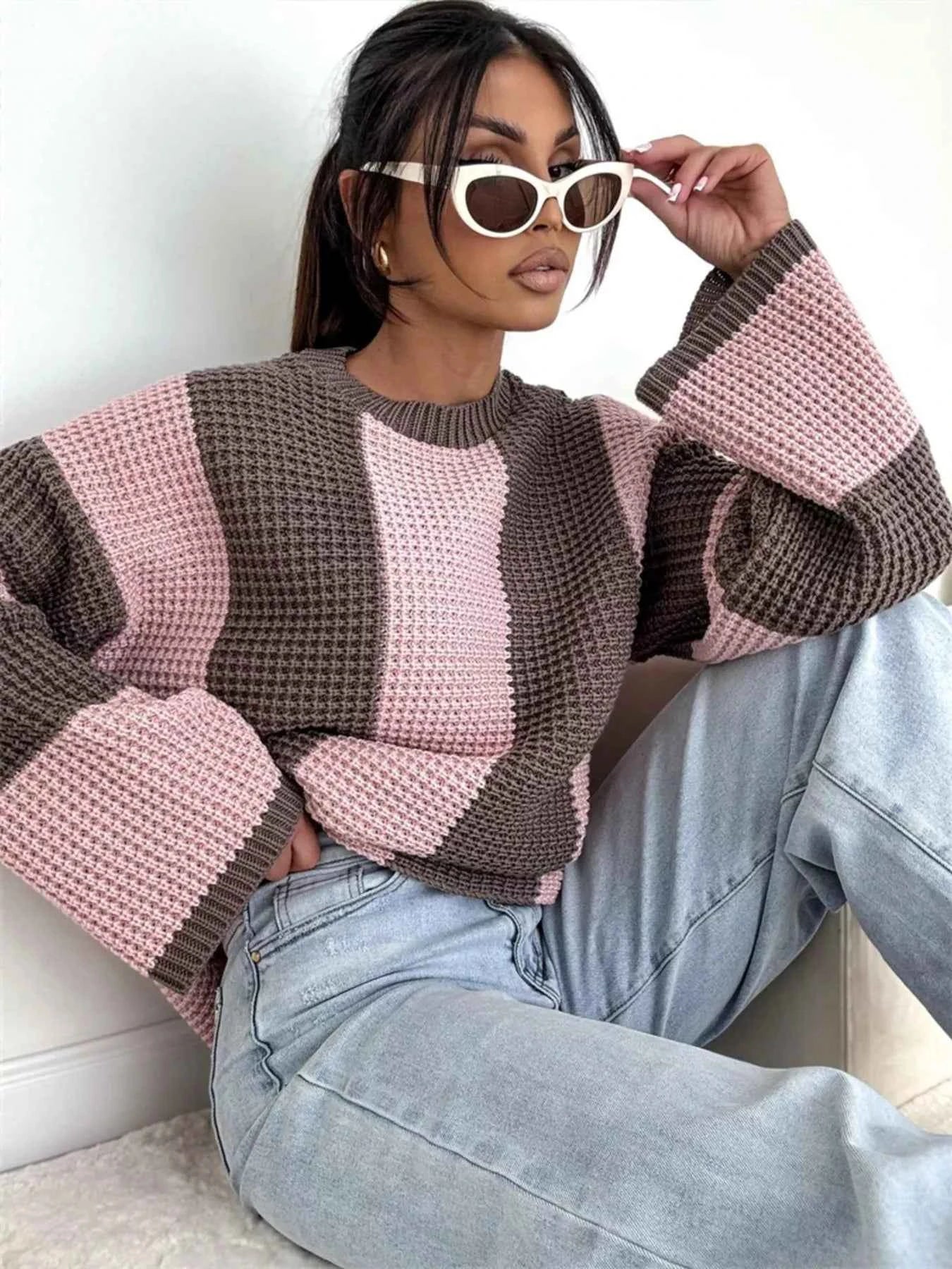 Color Block Long Sleeve Sweater Pink 738726e7c033479d90433497e64f6485-Max-Origin