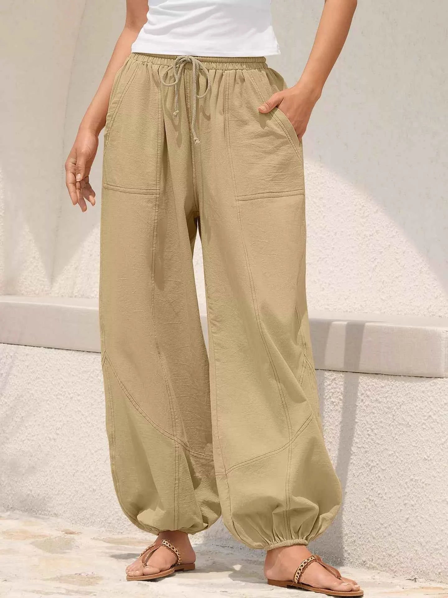 Wide Leg Drawstring Pants Khaki 7390d3d5-fd9b-40b4-8ad0-3839676c781c-Max-Origin