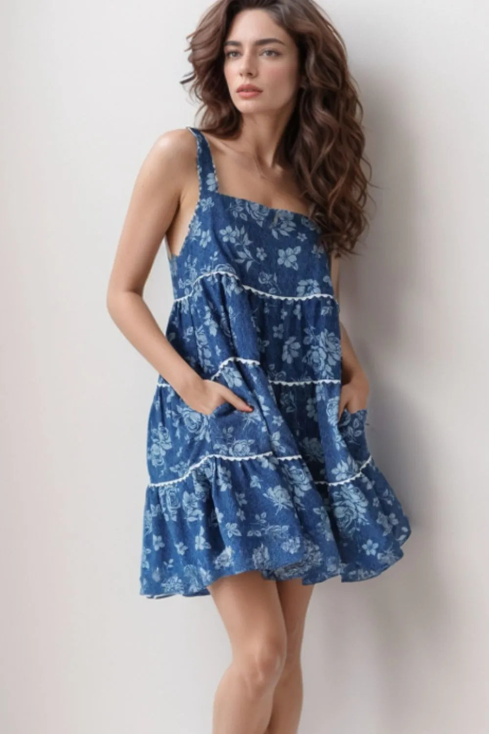 Floral Tiered Square Neck Denim Dress 73a77102-62a8-4fe0-b272-3f58c0a16e35-Max