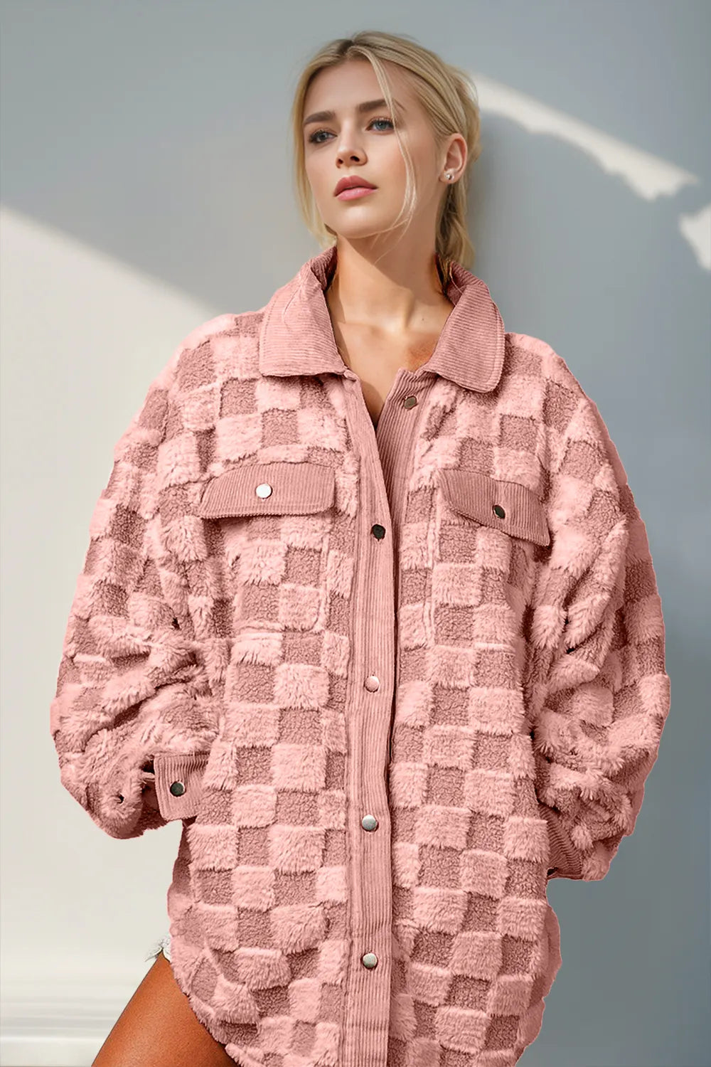 Double Take Button Up Fuzzy Checkered Shacket Dusty Pink 73afb5bb-e931-4f74-bd38-b3b1a0cc4e14-Max