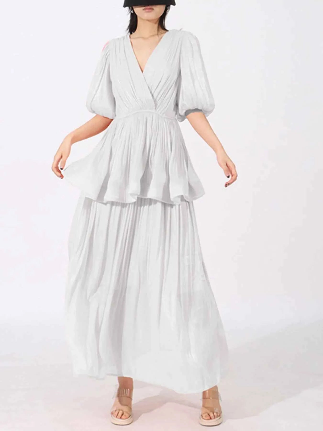 Layered Surplice Puff Sleeve Maxi Dress White 73b9ea73-8917-4fc4-b80f-8979afc56a0b-Max-Origin
