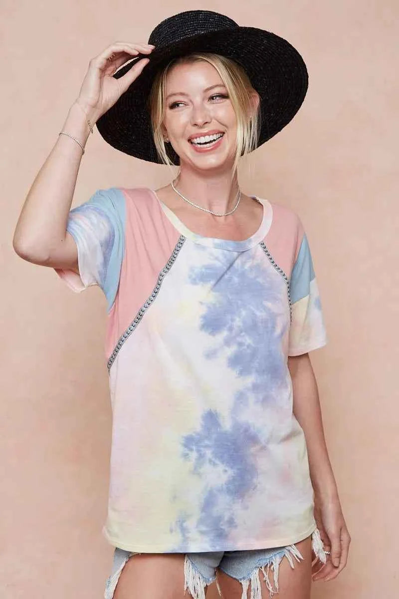 BiBi Tie Dye Printed Cotton Color Block T-Shirt 73c0987344cc47bc8460cc54efbe4a57-Max-Origin