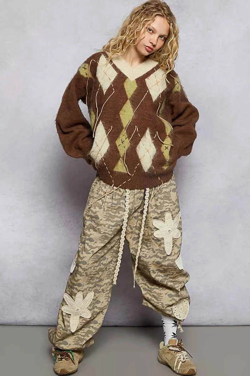 POL V-Neck Argyle Pattern Mohair Sweater with Contrast Exposed Stitch Detail 73d20e80-f4f3-4111-85d6-fdf06dbe4bb3-Max-Origin